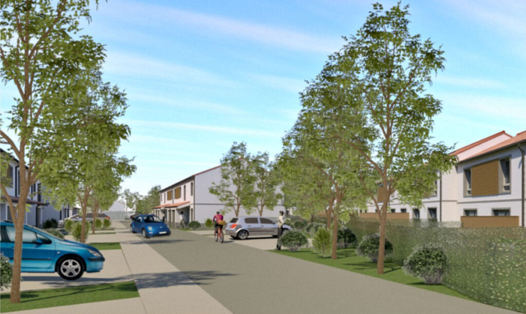 Rue en 3D avec arbres, maisons et piétons